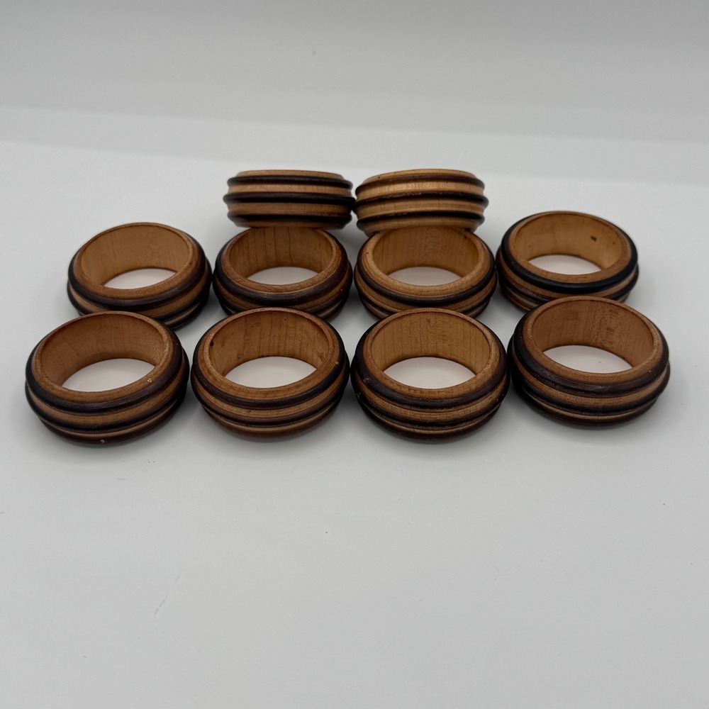 Vintage Set of 10 Ribbed Wood Napkin Rings Brown Striped Beehive Farmhouse Boho